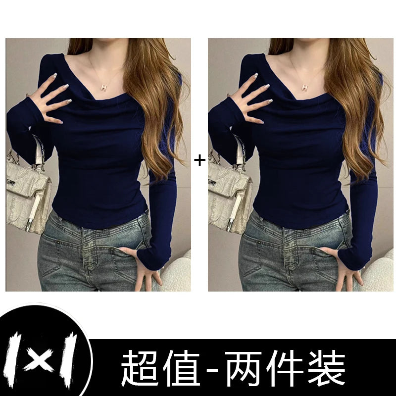 Spicy Girl One-Shoulder Long Sleeve T-Shirt for Women – Slim Fit Knitted Cotton Inner & Outer Wear Top | INS Youth Commute Style