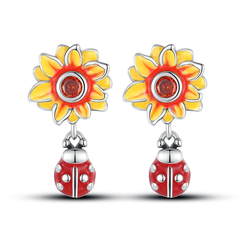 Luxury 925 Sterling Silver Sunflower & Ladybug Earrings | Pave CZ Fashion Jewelry Gift for Women Engagement & Anniversary