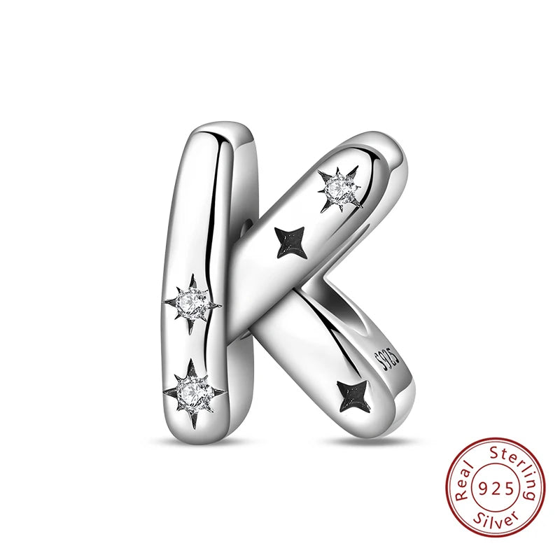 Classic 925 Sterling Silver A–Z Alphabet Charms | Letter Beads with Stars Fit Original Bracelet DIY Jewelry for Women