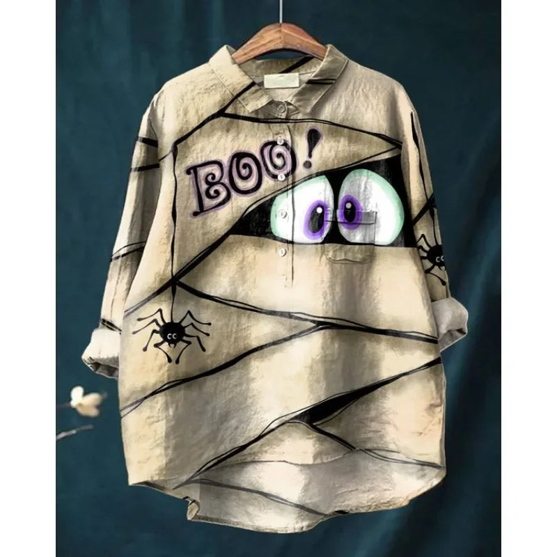 Women’s Cat Print Casual Long Sleeve Shirt – Stand-Up Collar Vintage Indian Ethnic Style Top