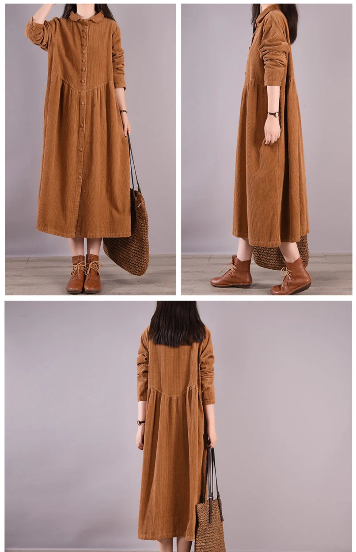 Retro Pure Color Corduroy Dr Loose Casual Long irt Dr Women's A-Line Skirt Long Sve  Collar Single Button Closure