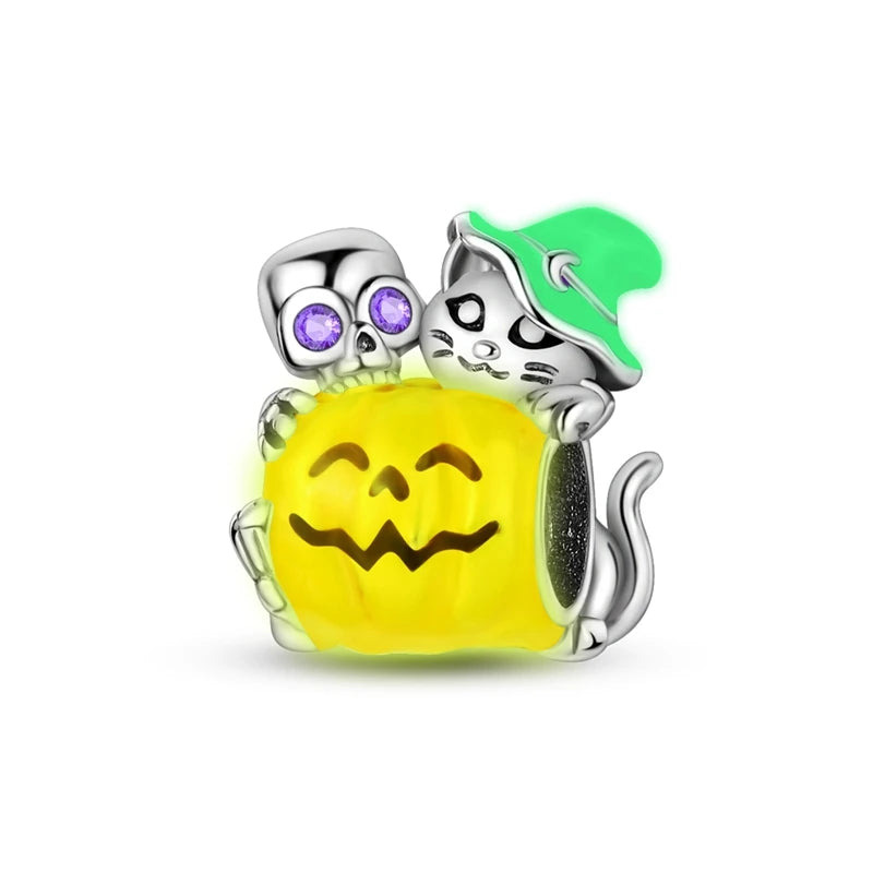 Halloween 925 Sterling Silver Charms | Pumpkin Skeleton Witch Bat Beads for Bracelet DIY Jewelry