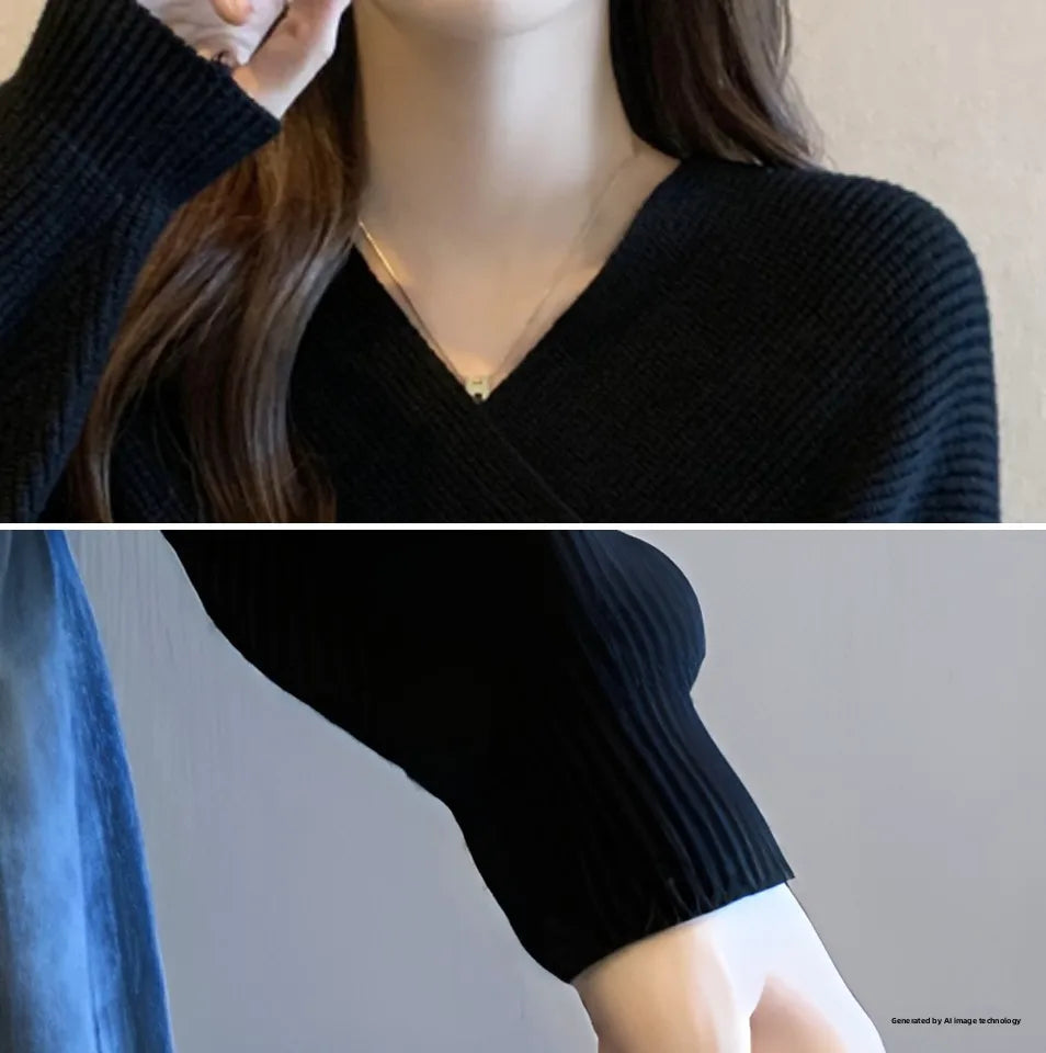2025 New Korean Style Casual Slim Fit Knitted Top – Cross Neck Lazy Sleeve Design Sensation