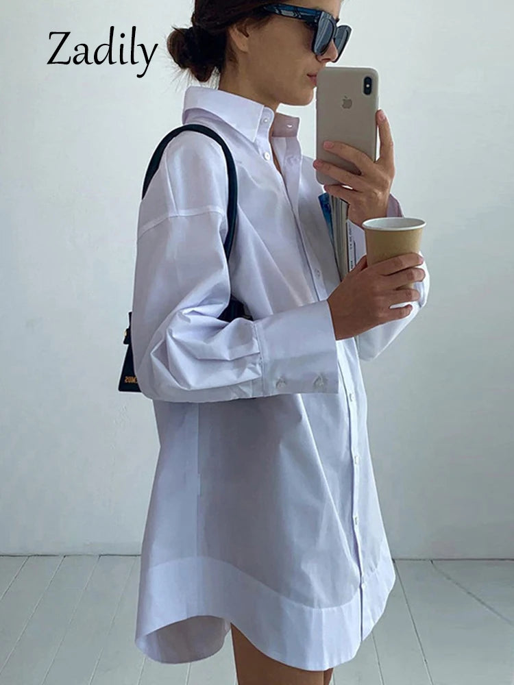 Zadily Autumn 2025 Women’s Oversized White Long Shirt – Minimalist Patchwork Button-Up Work Blouse