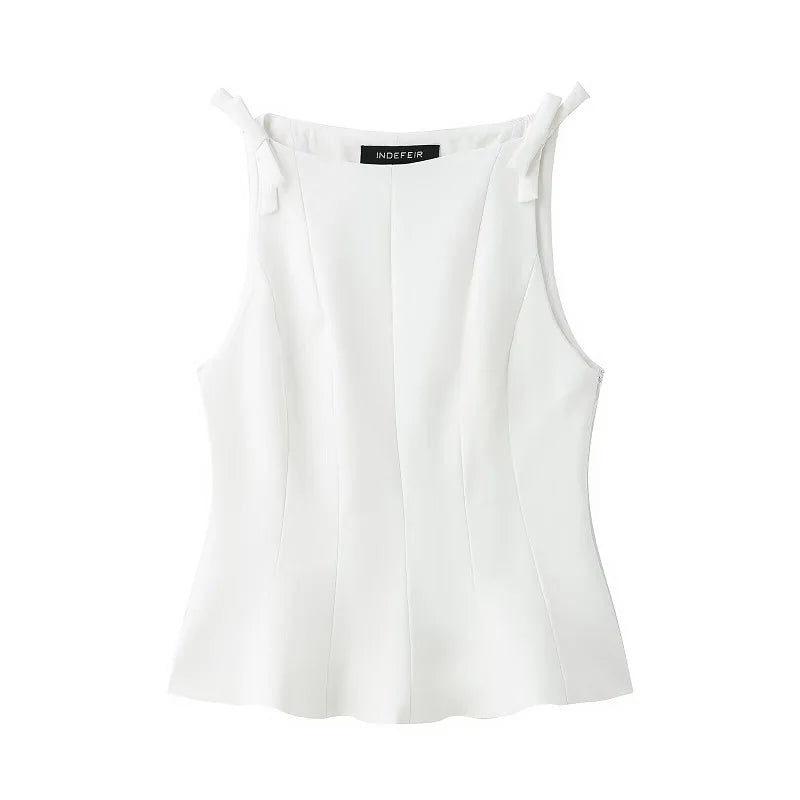 MUJER White & Black Sleeveless Tops | Women’s Off-Shoulder & Pleated Casual Tank 2025