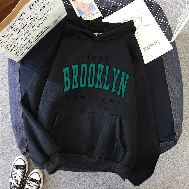 Brooklyn Printed Women's Hoodie | Fleece Loose Sweatshirt | Spring Autumn Winter Couple Pullover Coat