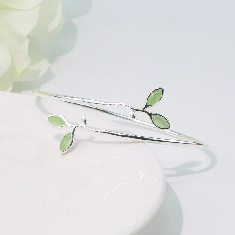 925 Sterling Silver Green Leaf Bracelet | Elegant Nature-Inspired Bangle for Women Girls Fashion Jewelry Gift