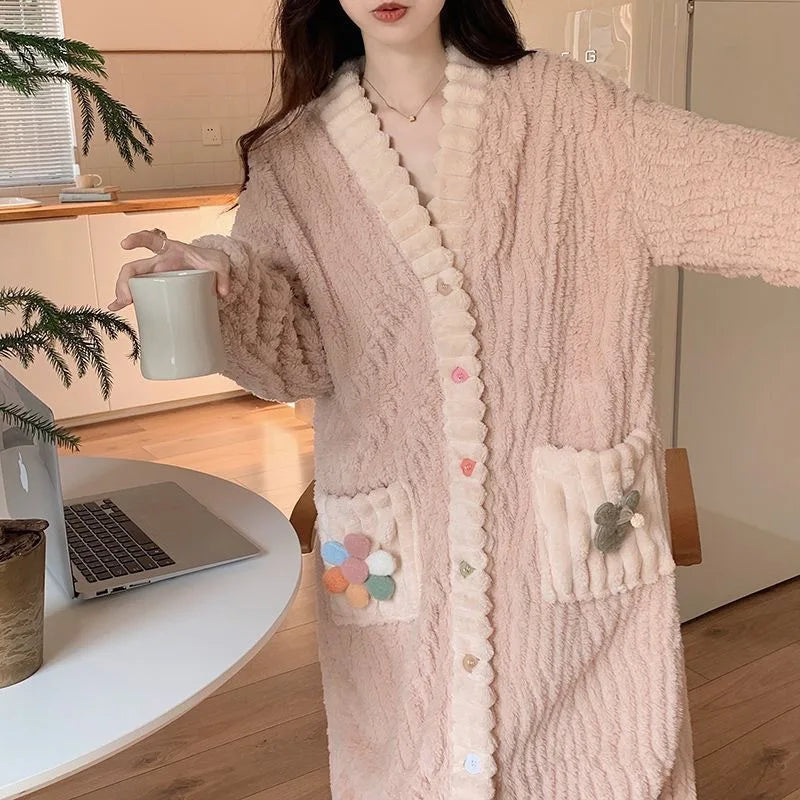 🌈 Rainbow Coral Fleece Robe for Women 🧣 | Soft & Warm Autumn Winter Home Clothes 🏡 | Cozy Sweet Open Cardigan 👗