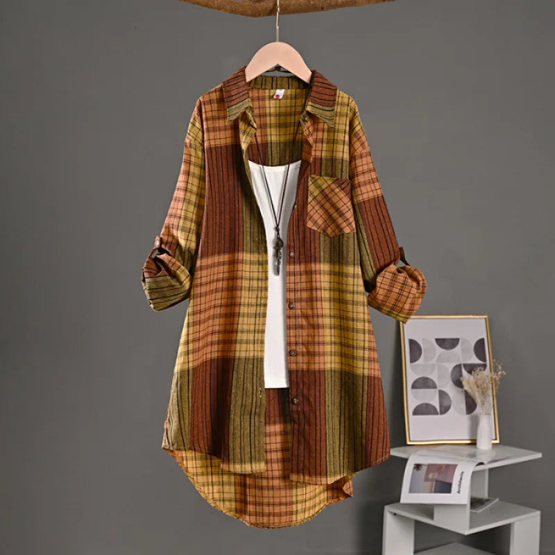 Women’s Checkered Linen Shirt – Buttoned Long Sleeve Vintage Elegant Blouse 👚✨