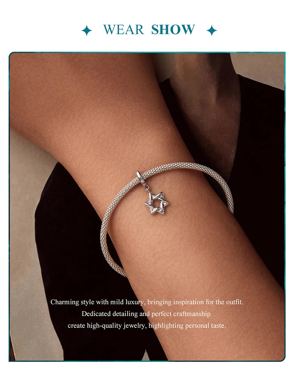 BAMOER 925 Sterling Silver Star of David Pendant | Polished Hexagram CZ Bead | Fits Original Bracelet DIY Jewelry Accessories