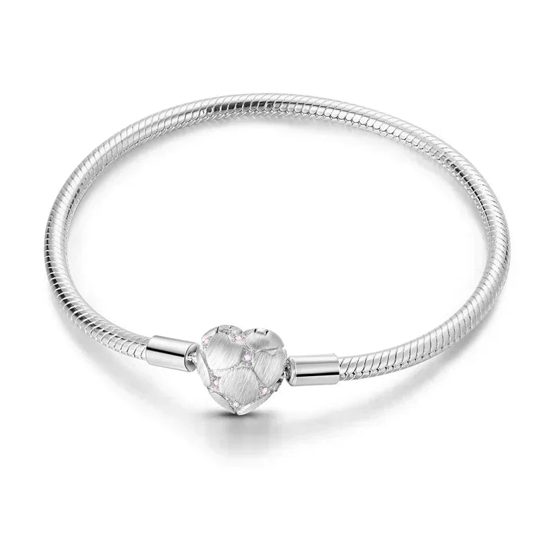 925 Sterling Silver Heart & Star Moon Bracelet | Pave Zirconia Snake Chain, Cat Claw Love Bangle for DIY Jewelry
