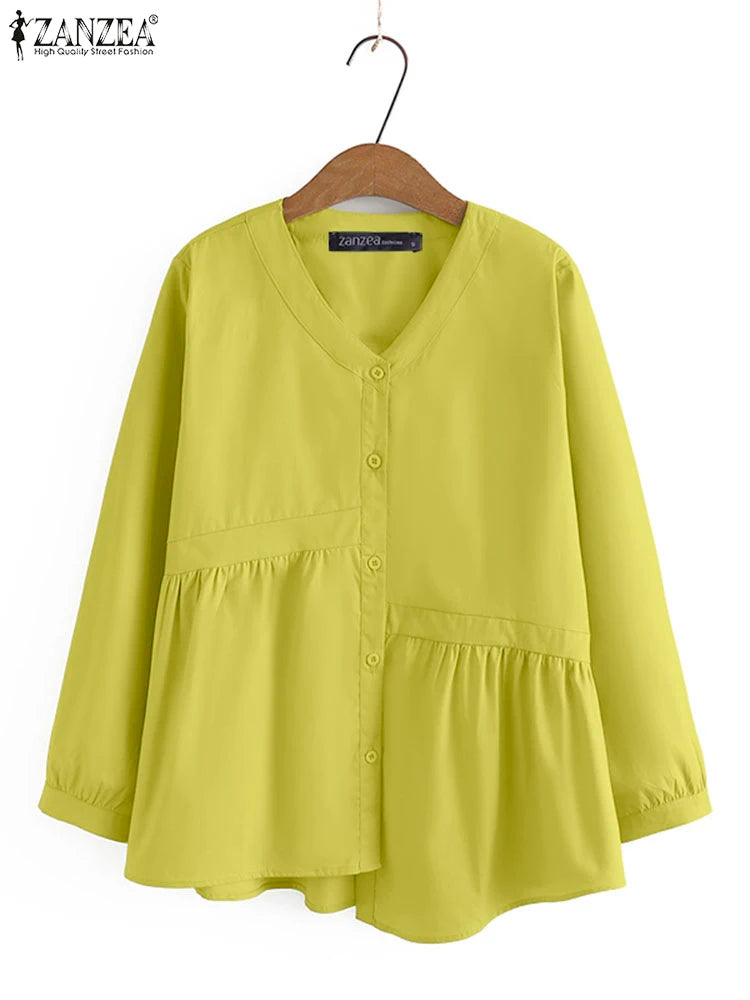 2025 ZANZEA Women’s Autumn Blouse – Casual V-Neck Long Sleeve Solid Button-Up OL Work Shirt 👚🍂