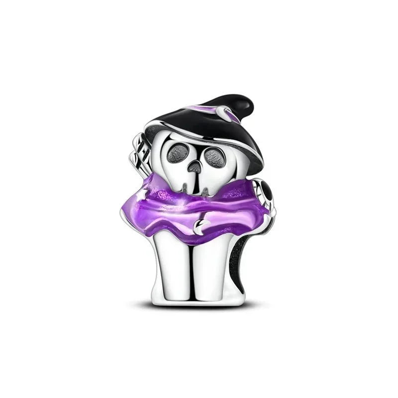 Halloween 925 Sterling Silver Black Skull, Bat & Pumpkin Charms | Pendant for DIY Original Bracelets, Women’s Fine Jewelry Gift