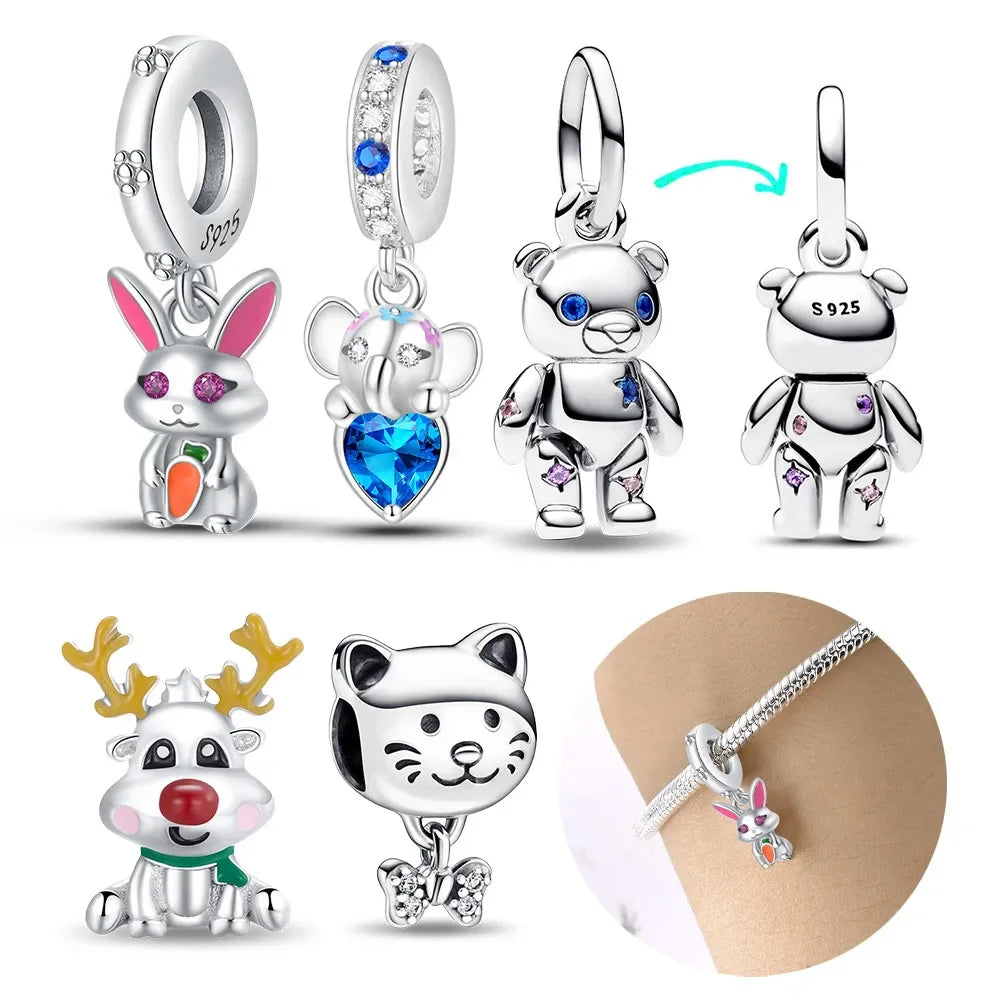 925 Sterling Silver Cute Cat Cartoon Zircon Charm Beads Fit Pandora Bracelet for Women
