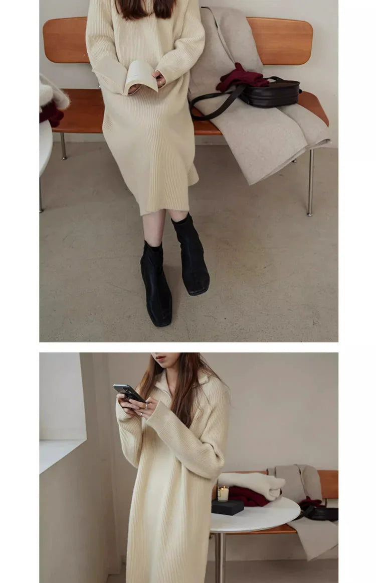 Plus Size Women's Knitted Midi Dress – Casual Loose Waist H-Shape Straight Tube Skirt, Long Sleeve Pure Color Polyester Fiber