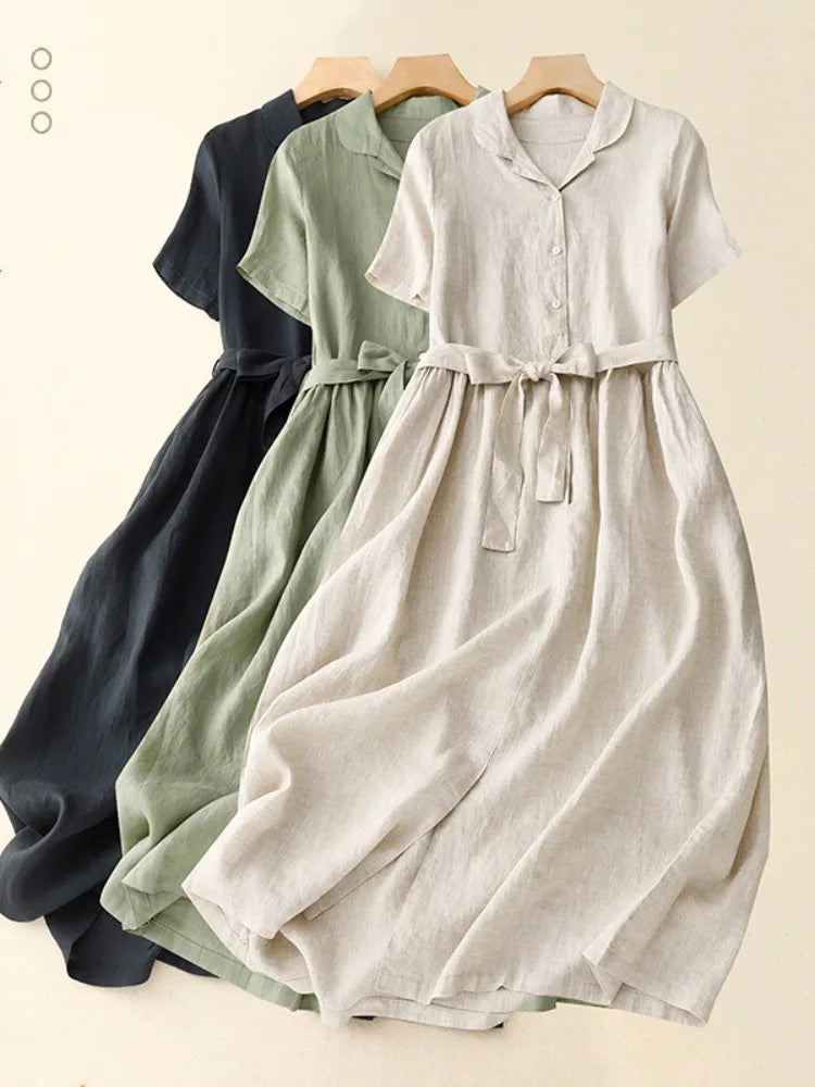 Pure Linen Shirt Dress – Women's Summer Lightweight Breathable Long Dress, Loose Plus Size with Slimming Belt