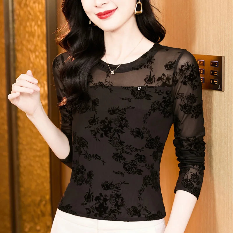 2026 Spring High Collar Women’s Mesh T-Shirt – Korean Flocking Flower Sexy Long Sleeve Top 🌸✨