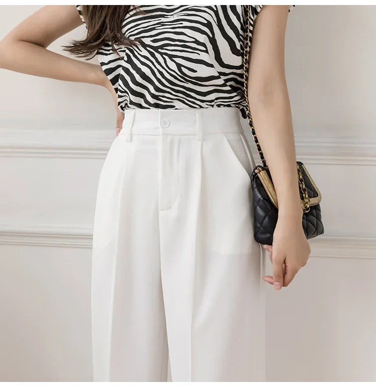 Women’s High Waist Suit Pants | Summer Black Harem Business Pants | Korean Style Pocket Thin Nine-Point Trousers