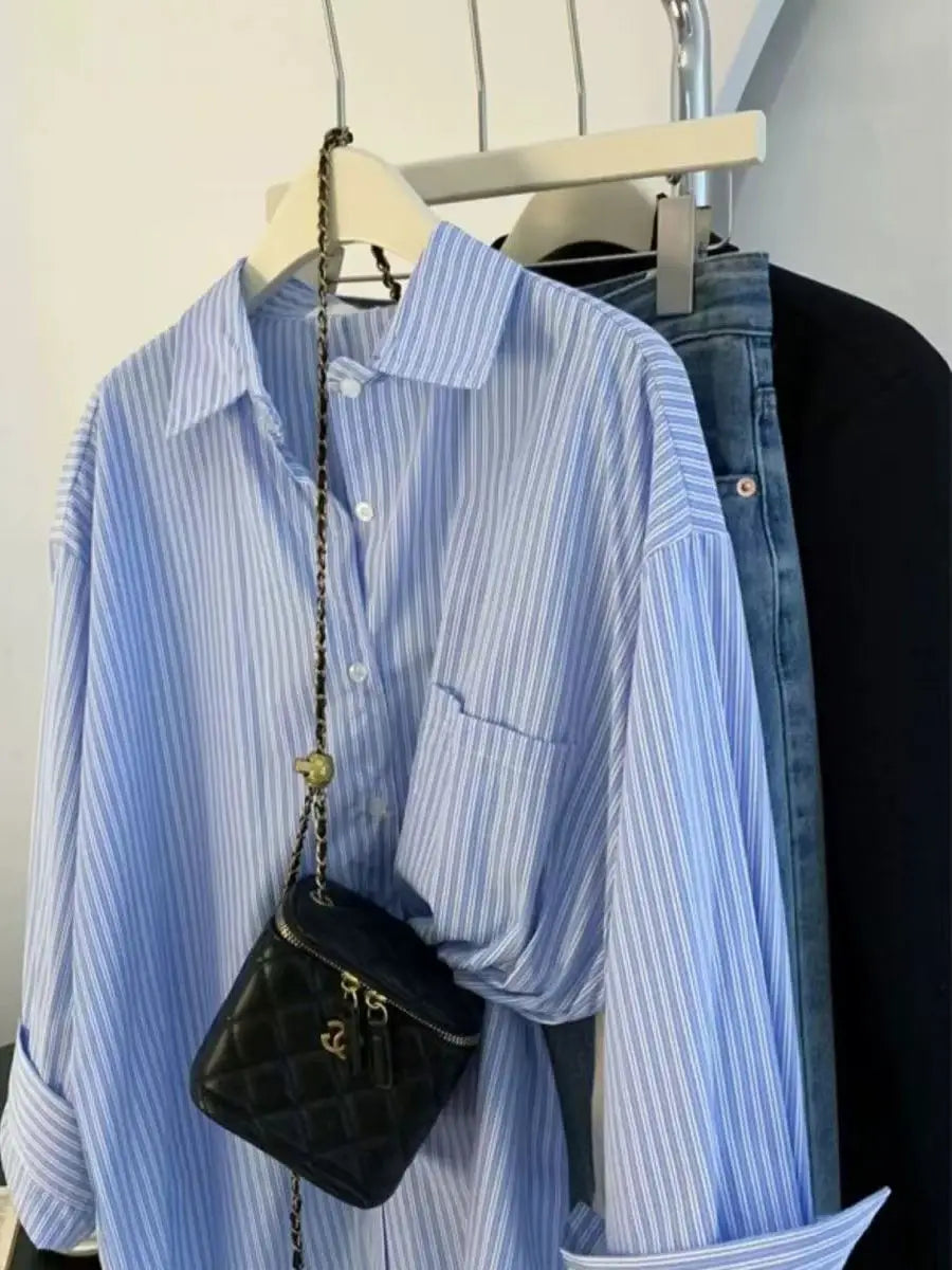 Retro Lazy Style Blue Striped Women’s Long Sleeve Shirt | Spring Autumn Design Sense Outerwear Blouse