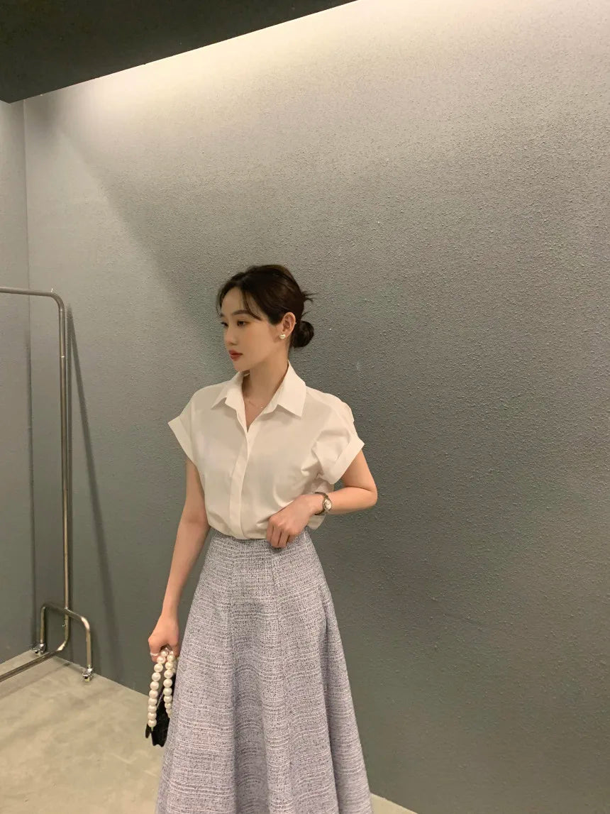 Chic Summer Loose Women’s Shirt | Classic Pure Color Professional Blouse with Small Lapel Collar