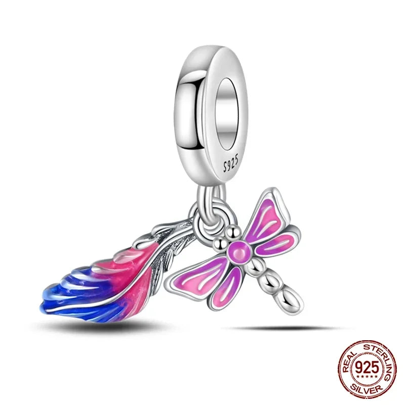 925 Sterling Silver Purple Flower & Butterfly Dangle Charm | Bead for 4MM Bracelet or Necklace DIY Jewelry Gift