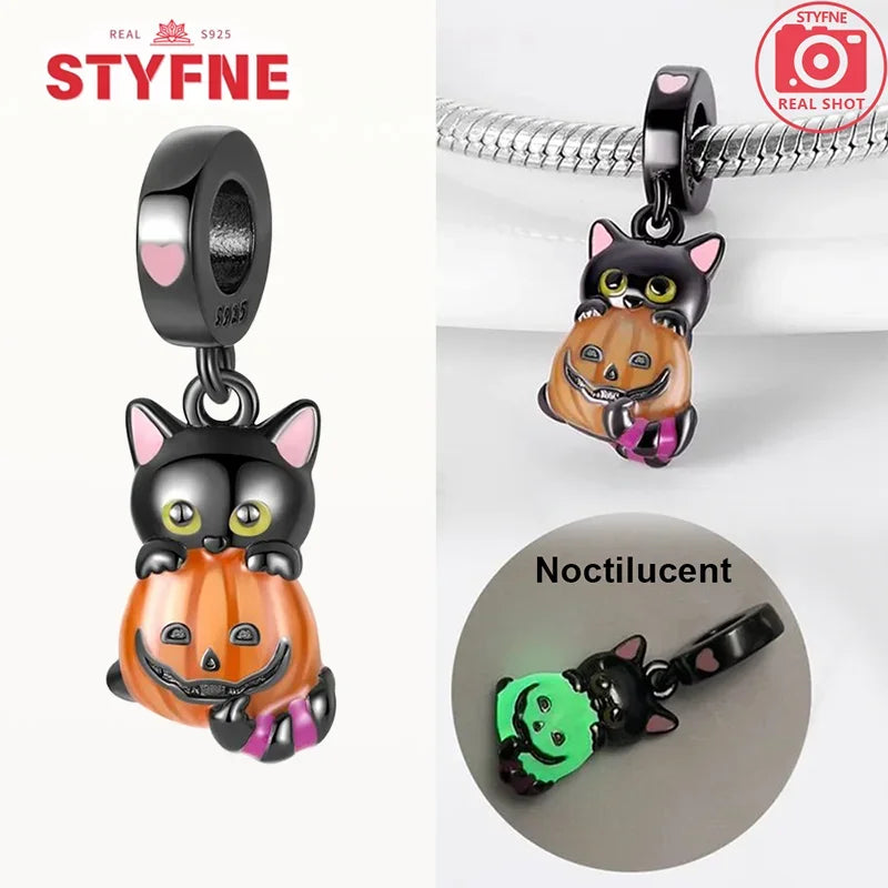 925 Sterling Silver Luminous Pumpkin Skull Charm – Halloween Series Beads Fit Original Pandora Bracelet Women DIY Jewelry Gift