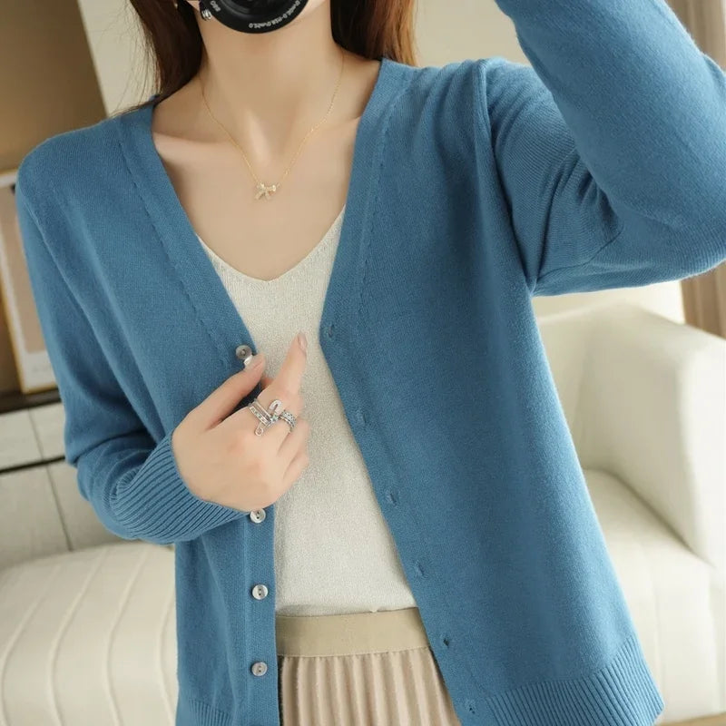 Women Cardigans V-Neck Long Sleeve Knitted Outerwear – Korean Fashion Solid Thin Spring Autumn Sweater