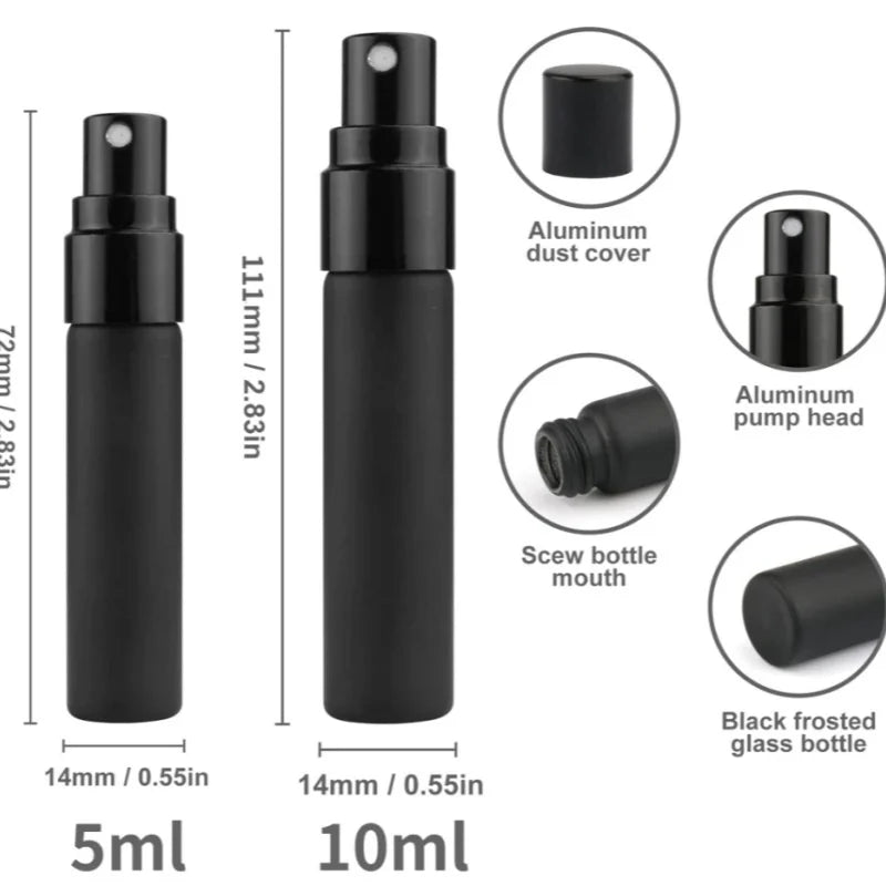 5PCS 5ml/10ml Portable Black Perfume Bottles – Empty Glass Cosmetic Sample Test Tubes | Travel Mini Refillable Fragrance Containers