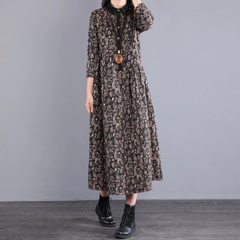 Thickened Floral Print Retro Women’s Dress – Cotton-Lined Warm A-Line Skirt with Long Sleeves & Collar | Winter Casual Dress