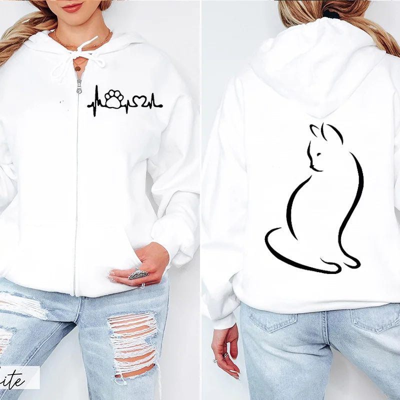 Women’s Cat Heartbeat Zipper Hoodie | Cute Zip-Up Sweatshirt | Autumn Winter Streetwear Jacket