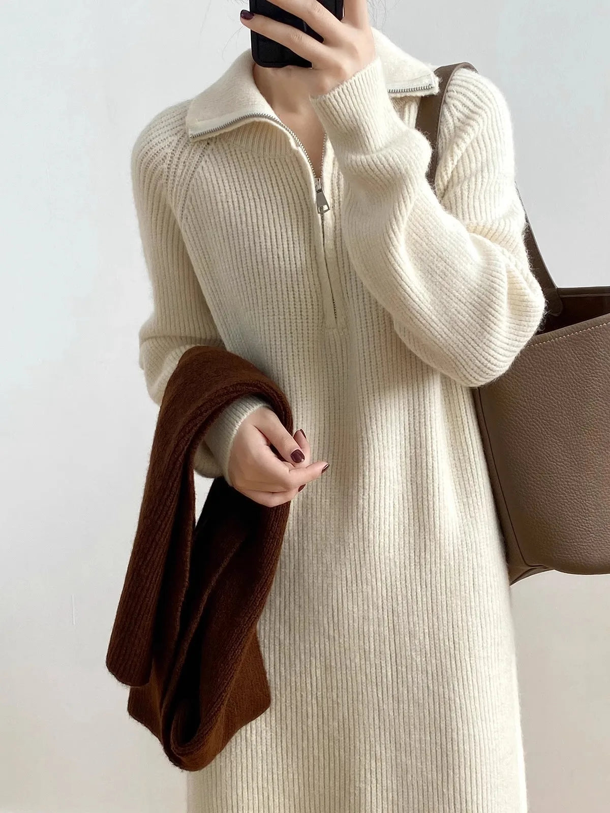 Thickened Long Sleeve Knitted Dress with Zipper Collar – Straight Tube Korean Style Winter Women’s Commute Warm Dress