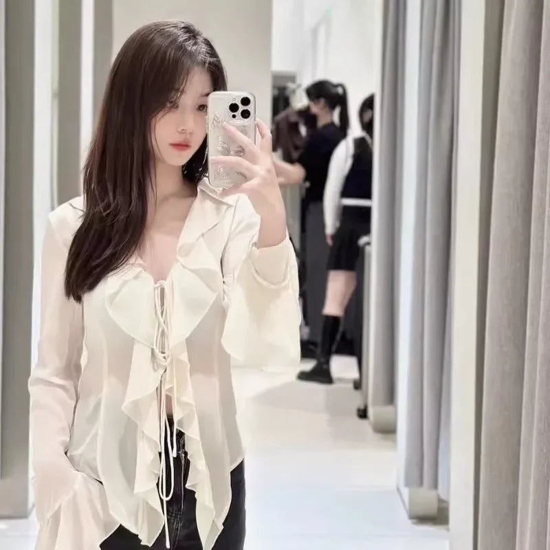 2025 Women’s Lace-Up V-Neck Ruffle Blouse | Elegant Long Sleeve Office & Casual Top