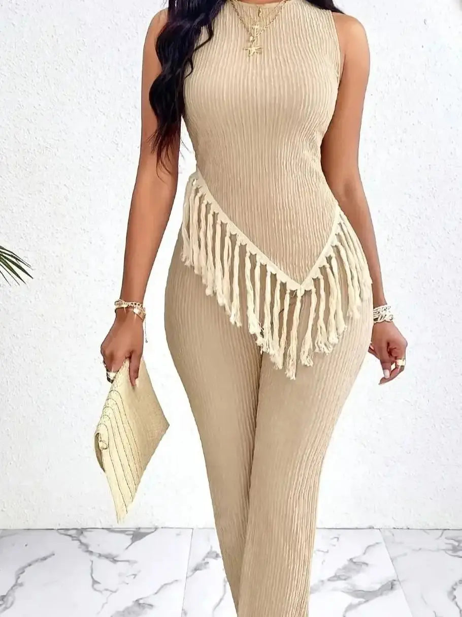 Women’s Textured Suit Pants Set – Asymmetrical Vest & Fringed Hem Straight-Leg Pants 👗✨