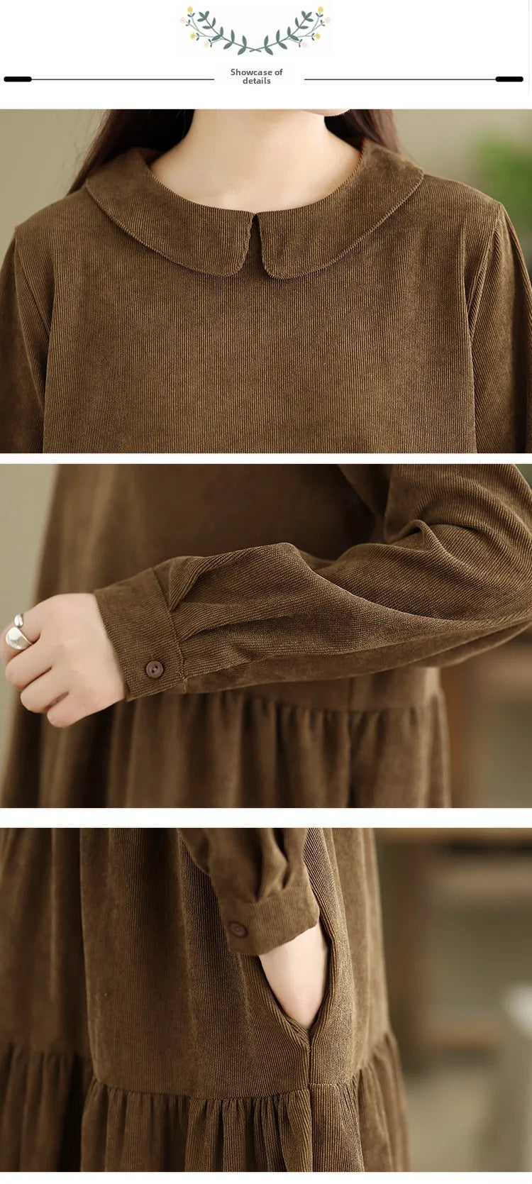 Corduroy Long Sleeve Doll Collar Dress 👗 Autumn Winter Loose A-Line Casual Midi Dress 🍂 Simple Chic Commute Dress
