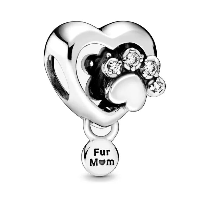 New 925 Silver Sparkling Paw Print & Heart Bee Happy Charm Bead | Fit Pandora Bracelet DIY Women Jewelry