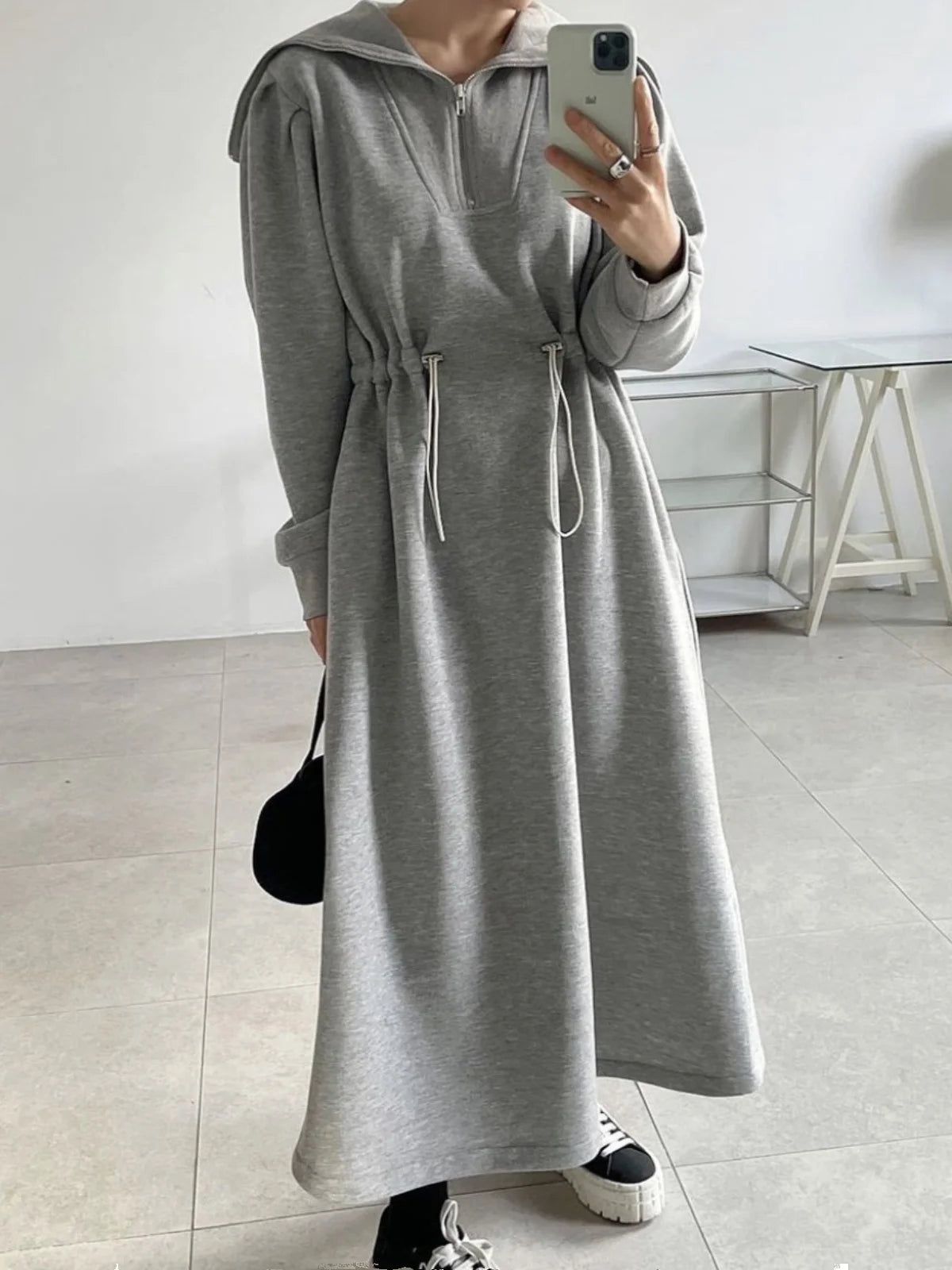 Chic Autumn Long Sve Dstring Waist Slim A-Line Dr Hoodie Women's Faionable Youthful f Open Collar Dr