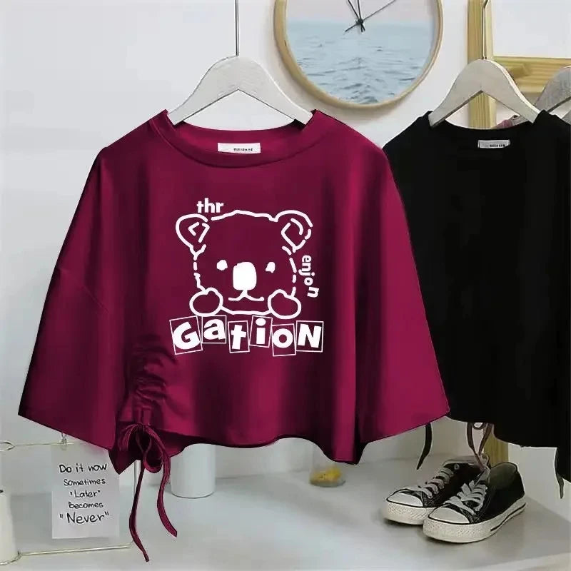 Women’s Drawstring Cotton T-Shirt | Loose O-Neck Drop Sleeve Pullover | Spring Summer Casual Solid Knit Top