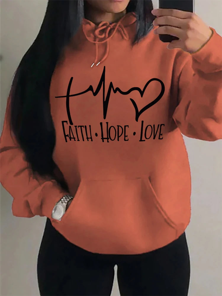 Faith Hope Love Letter Graphic Women’s Hoodie – Casual Loose Streetwear Fleece Pullover Autumn Top