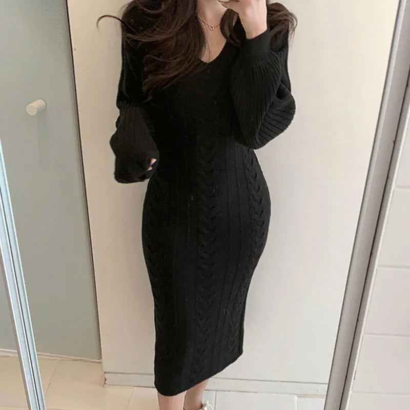 Women's V-Neck Knitted Sweater Bodycon Dress – Autumn Winter Long Lantern Sleeve Slim Fit Fashion Dress