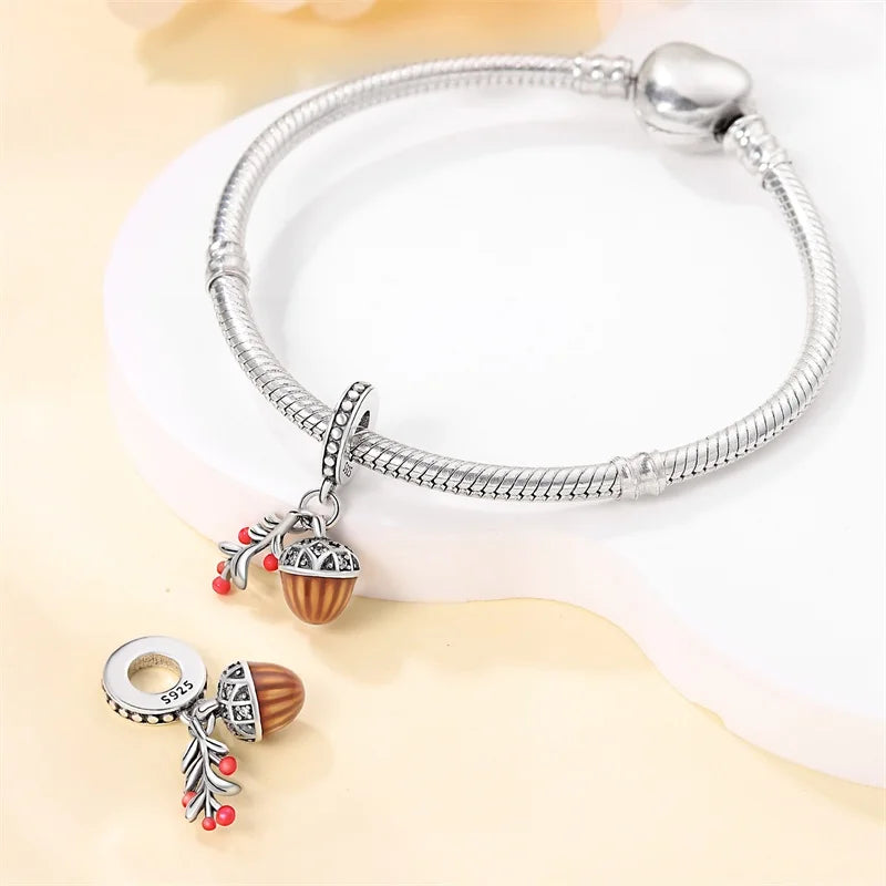 925 Sterling Silver Squirrel & Maple Leaf Charm | Shiny Zircon Autumn Beads Fit Pandora Bracelet DIY Jewelry