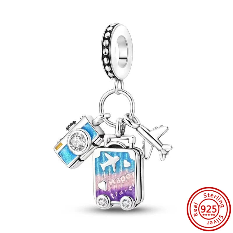 925 Sterling Silver Travel Series Charms | Airplane Passport Luggage Sun Moon Star Beads Fit Original Bracelet Jewelry