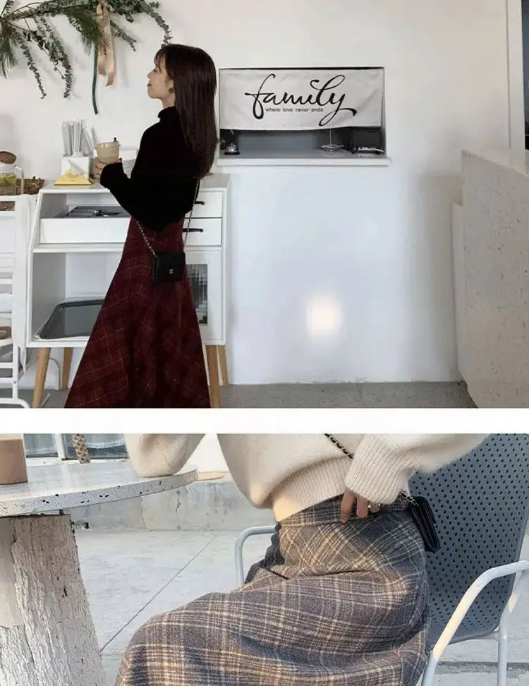 Retro Plaid  Skirt Women's Autumn Winter New A-Line Umbrella Skirt Wrap around Mid-Length Small Size f-length Skirt