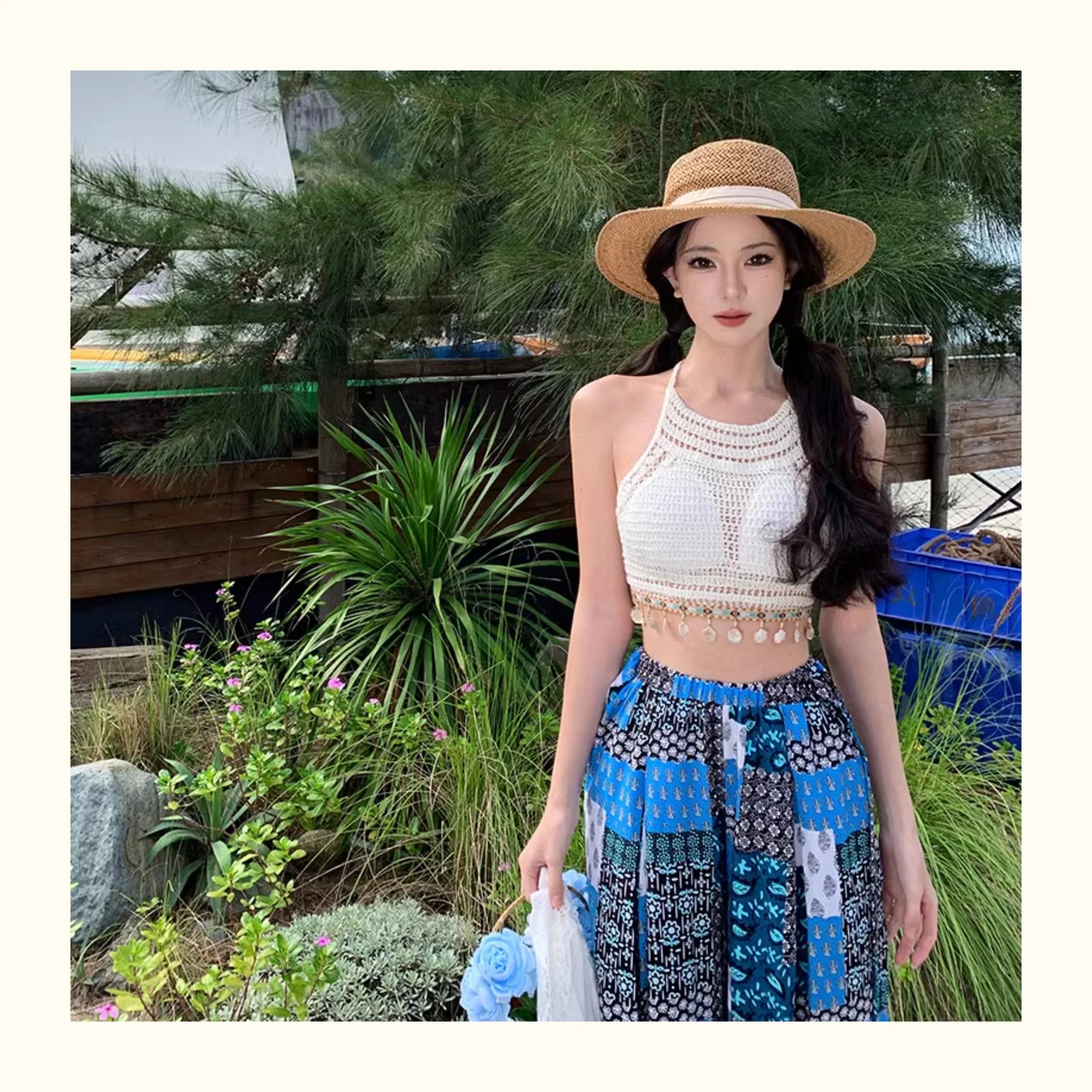Vacation Style High Waist Wide Leg Pants – Thin Long Ethnic Print Pants for Beach & Holiday Wear