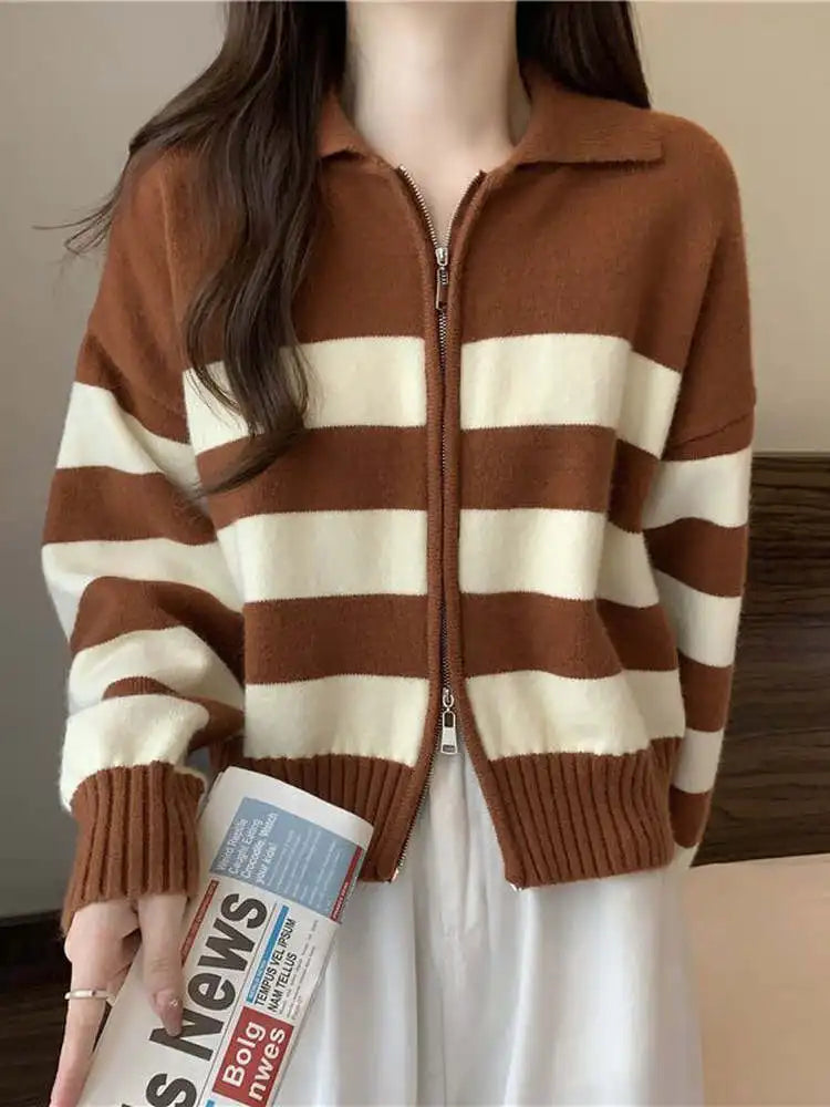 🔥 Retro American Spicy Long Sleeve Sweater for Women 🍂 Winter Loose Fit Knit Top | Unique Stripe Lazy Style Pullover ❄️