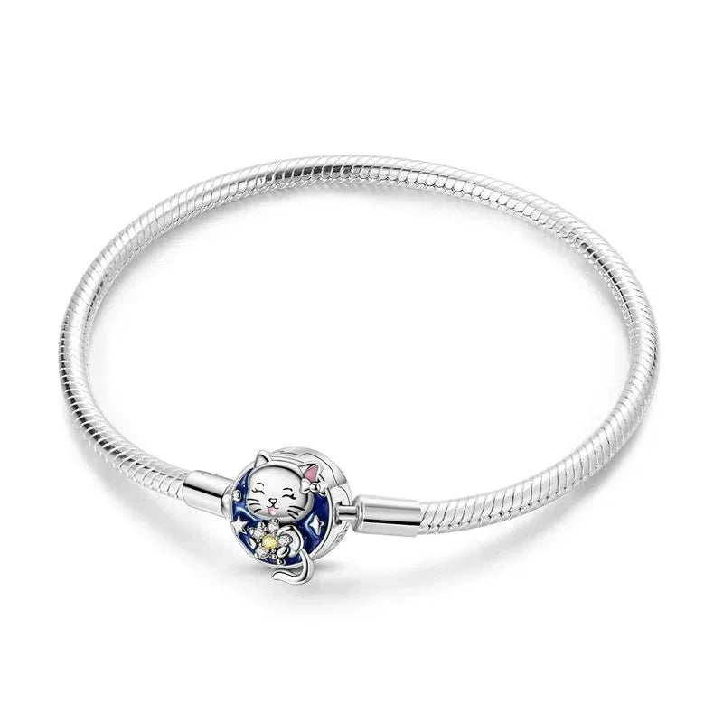 925 Silver Bracelet 17–20CM with Butterfly, Flower, Cat, Shell, Moon & Starfish Charms – DIY Birthday Jewelry Gift