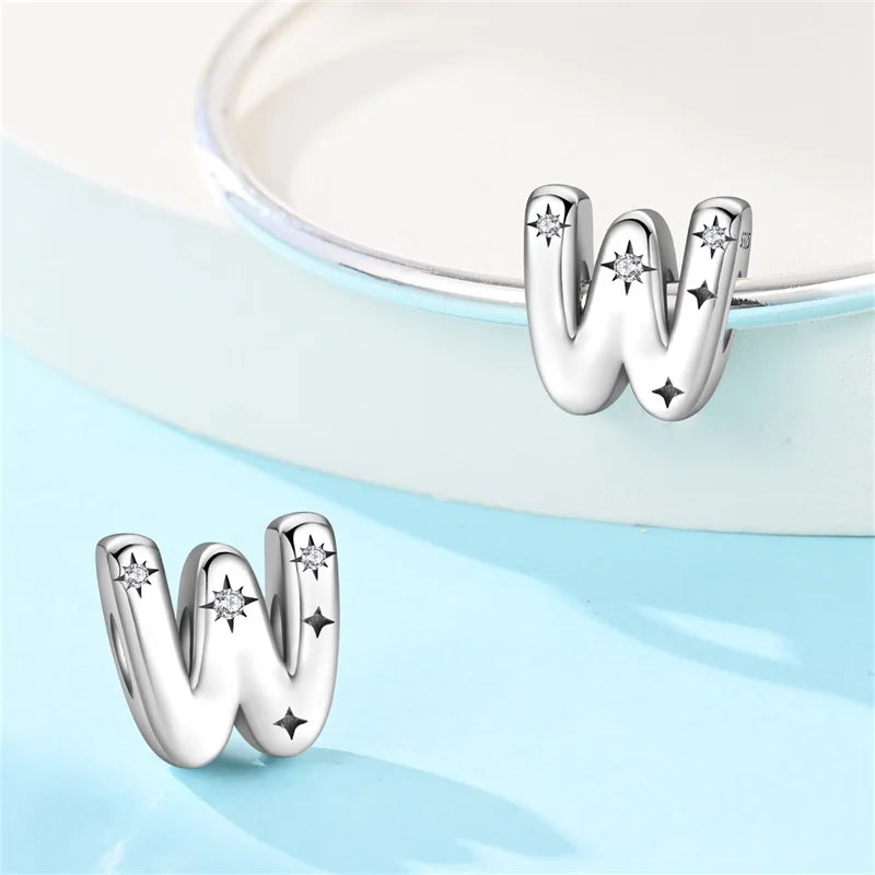 Classic 925 Sterling Silver A–Z Alphabet Charms | Letter Beads with Stars Fit Original Bracelet DIY Jewelry for Women
