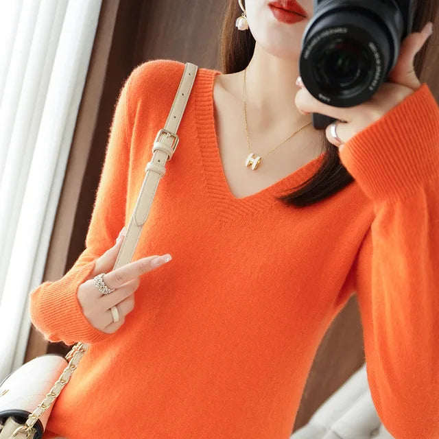 2025 Women’s V-Neck Knitted Sweater | Slim Fit Soft Knit Pullover for Autumn & Winter