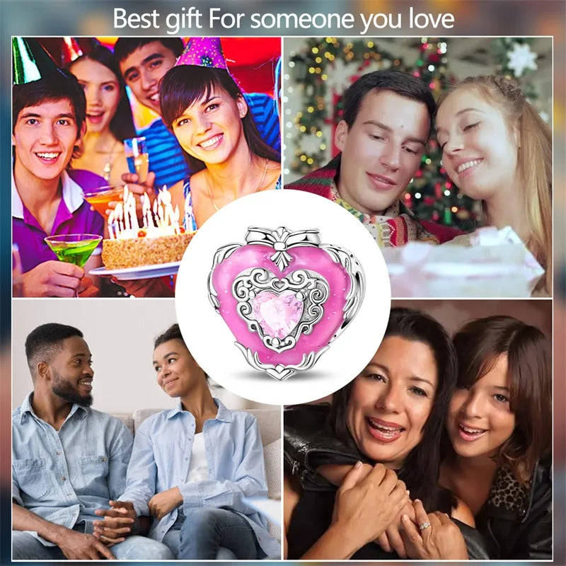 925 Silver Plated Magic Mirror Princess Angel Pink Charm Beads | Fits Original Pan 925 Bracelet | Exquisite DIY Jewelry