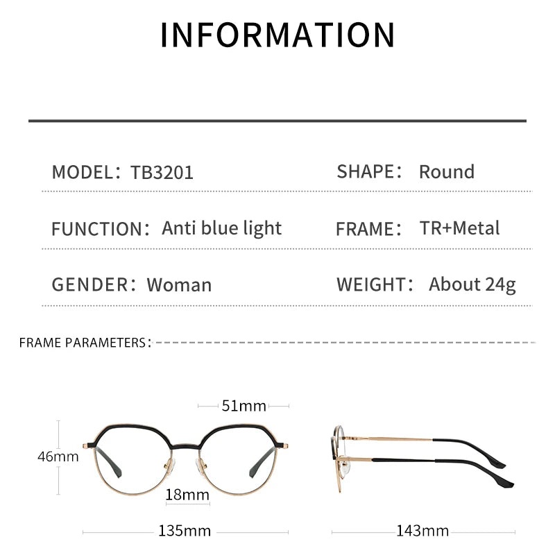 Women Round Blue Light Blocking Glasses 👓 Stylish Alloy Frame TB3201