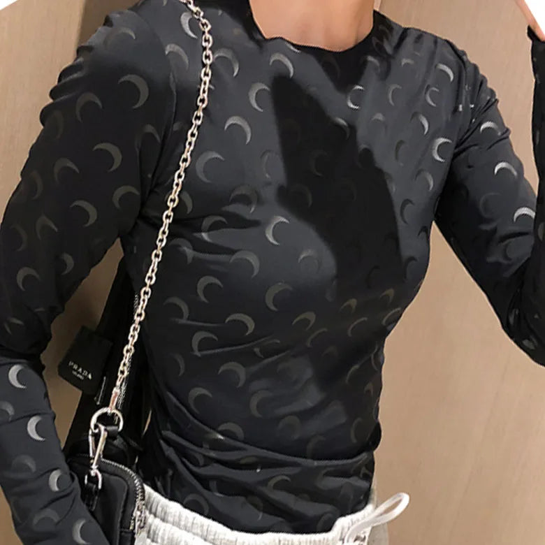 American Retro Women’s Two-Piece Set – Ice Silk Top & Pants with Moon Print Long Sleeve 🌙✨